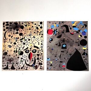 Modern Abstract Joan Miro Art Prints with Black, Tan, Red and Blue colors